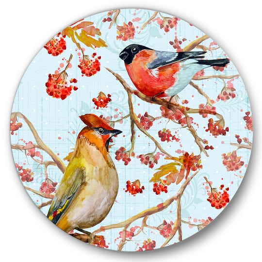 Designart - Two Birds On Branches During Autumn - Traditional Metal Circle Wall Art